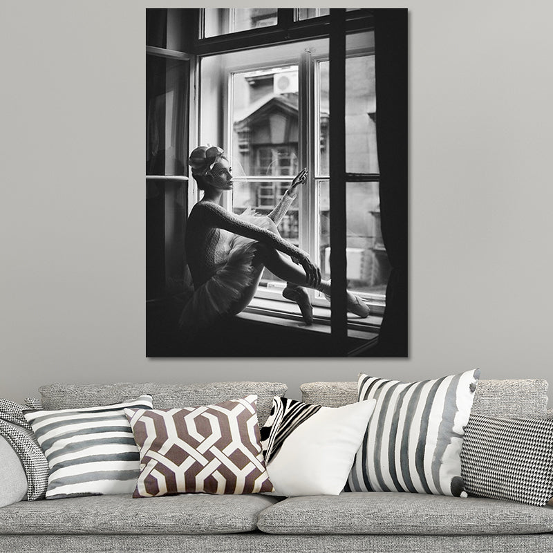 Nostalgic Canvas Wall Art Grey Photograph Ballet Dancer at the Window Wall Decor