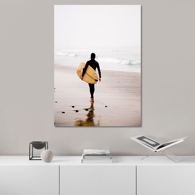 Canvas Yellow Art Print Contemporary Man with Surfboard on Beach Wall Decor for Home