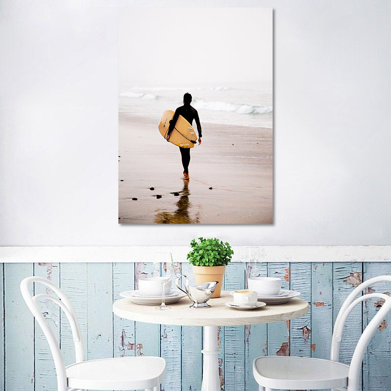 Canvas Yellow Art Print Contemporary Man with Surfboard on Beach Wall Decor for Home