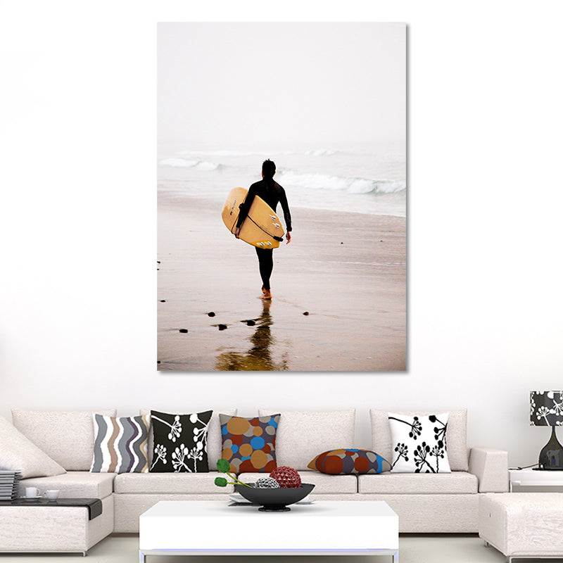 Canvas Yellow Art Print Contemporary Man with Surfboard on Beach Wall Decor for Home