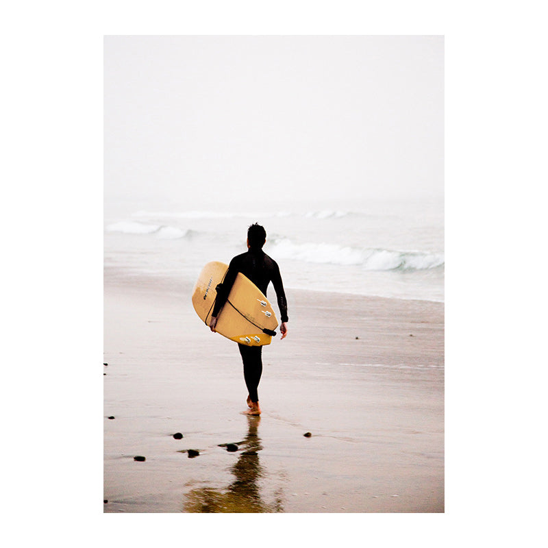 Canvas Yellow Art Print Contemporary Man with Surfboard on Beach Wall Decor for Home