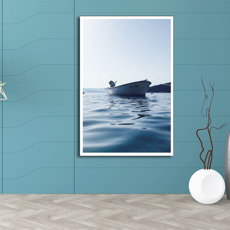 Photo Boat and River Canvas Print Blue Modern Style Wall Art for House Interior