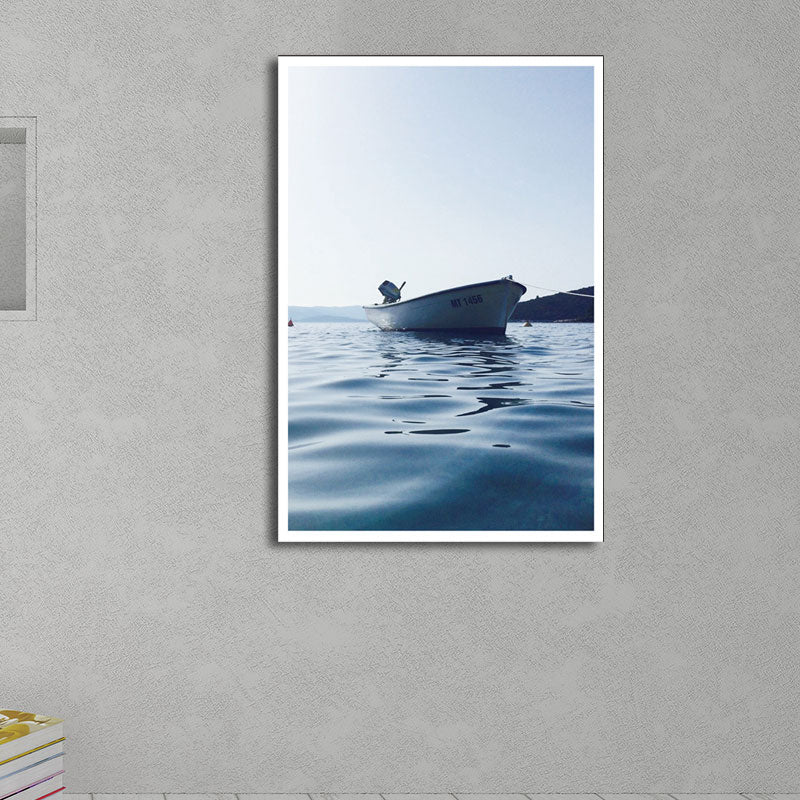 Photo Boat and River Canvas Print Blue Modern Style Wall Art for House Interior