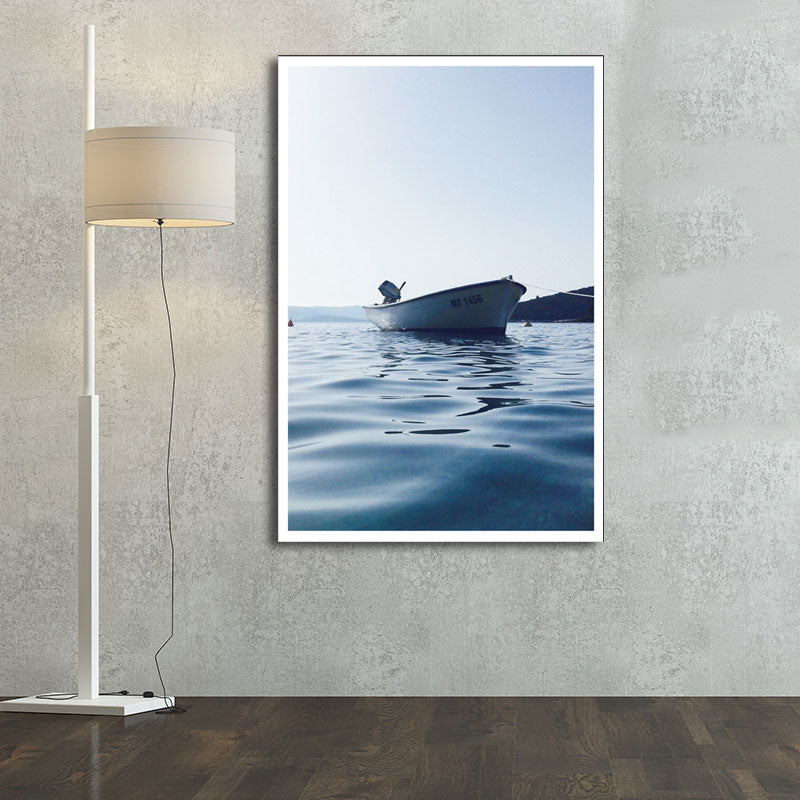 Photo Boat and River Canvas Print Blue Modern Style Wall Art for House Interior