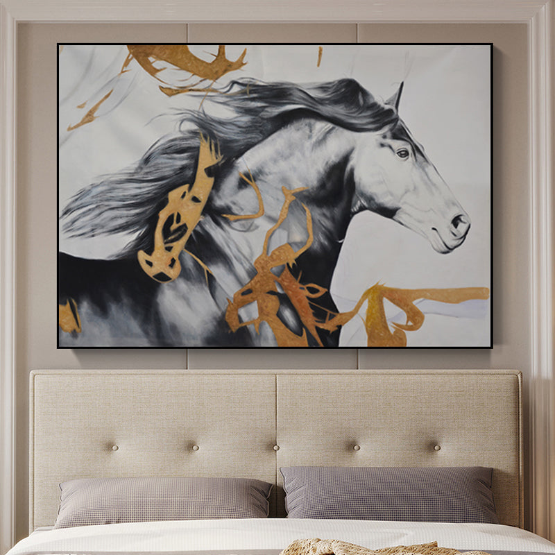 Steed Canvas Art Farmhouse Style Textured Wall Decoration in Black-Gold for Bedroom