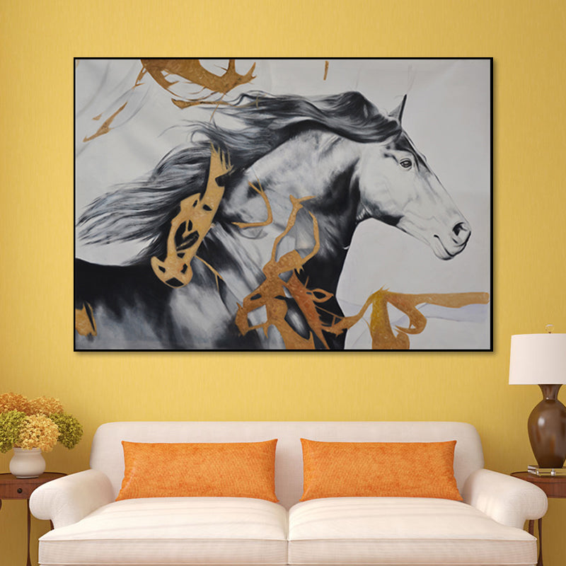 Steed Canvas Art Farmhouse Style Textured Wall Decoration in Black-Gold for Bedroom