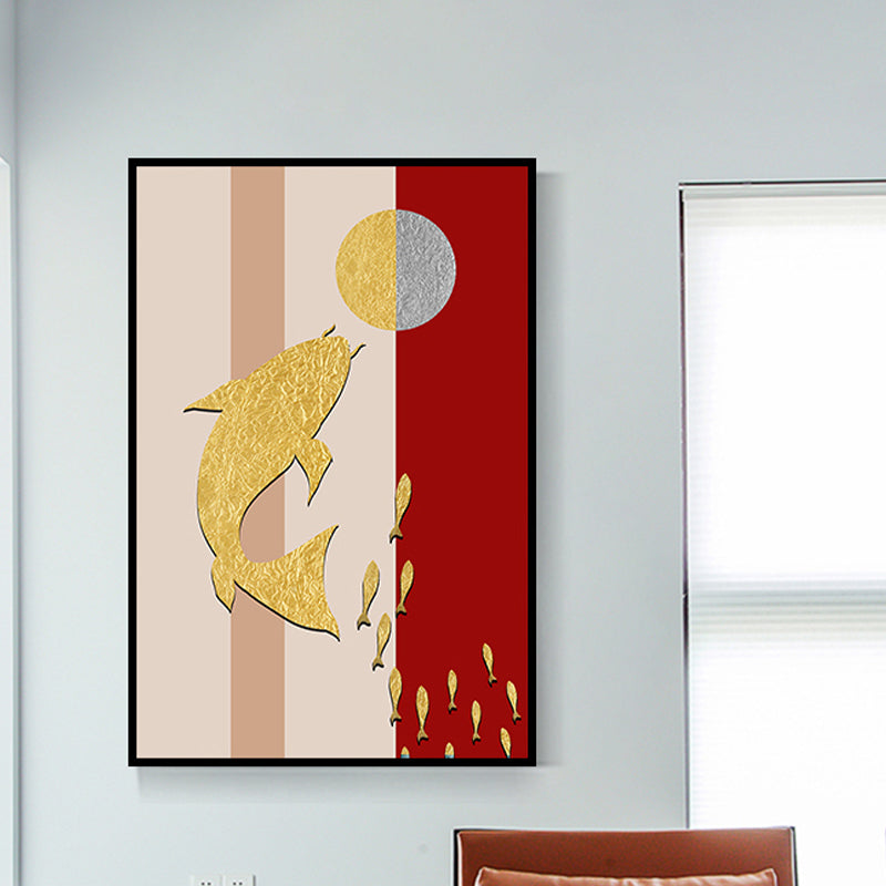 Pink-Gold Asian Wall Art Decor Fish Playing Ball Canvas Print for Dining Room