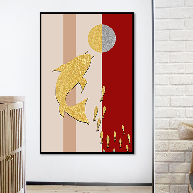 Pink-Gold Asian Wall Art Decor Fish Playing Ball Canvas Print for Dining Room