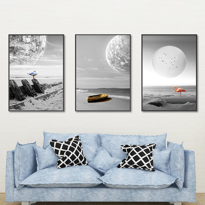 Seascape Wall Art Set Modern Sci-Fi Beach and Floating Planet Wrapped Canvas in Grey