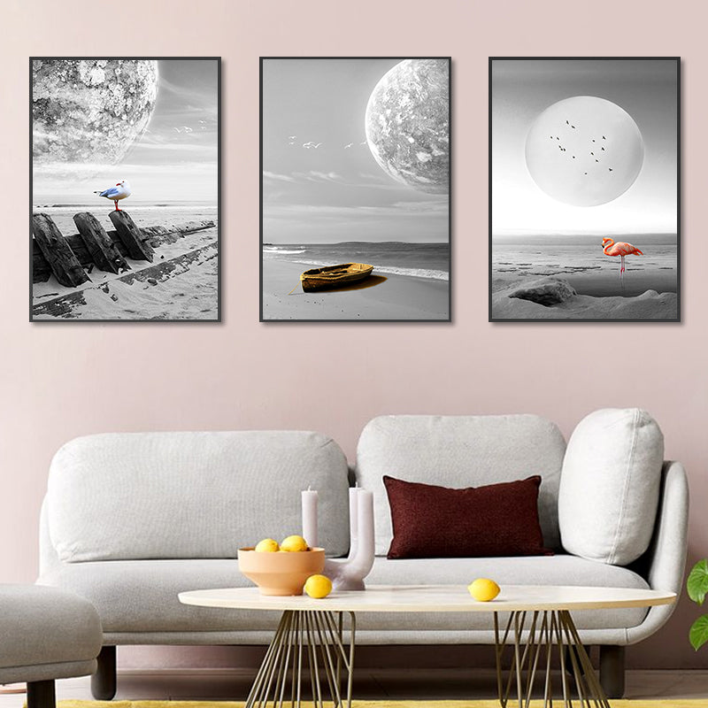 Seascape Wall Art Set Modern Sci-Fi Beach and Floating Planet Wrapped Canvas in Grey