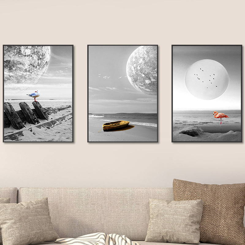 Seascape Wall Art Set Modern Sci-Fi Beach and Floating Planet Wrapped Canvas in Grey