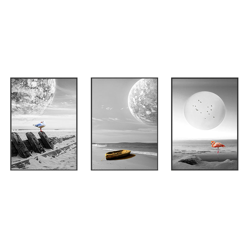 Seascape Wall Art Set Modern Sci-Fi Beach and Floating Planet Wrapped Canvas in Grey