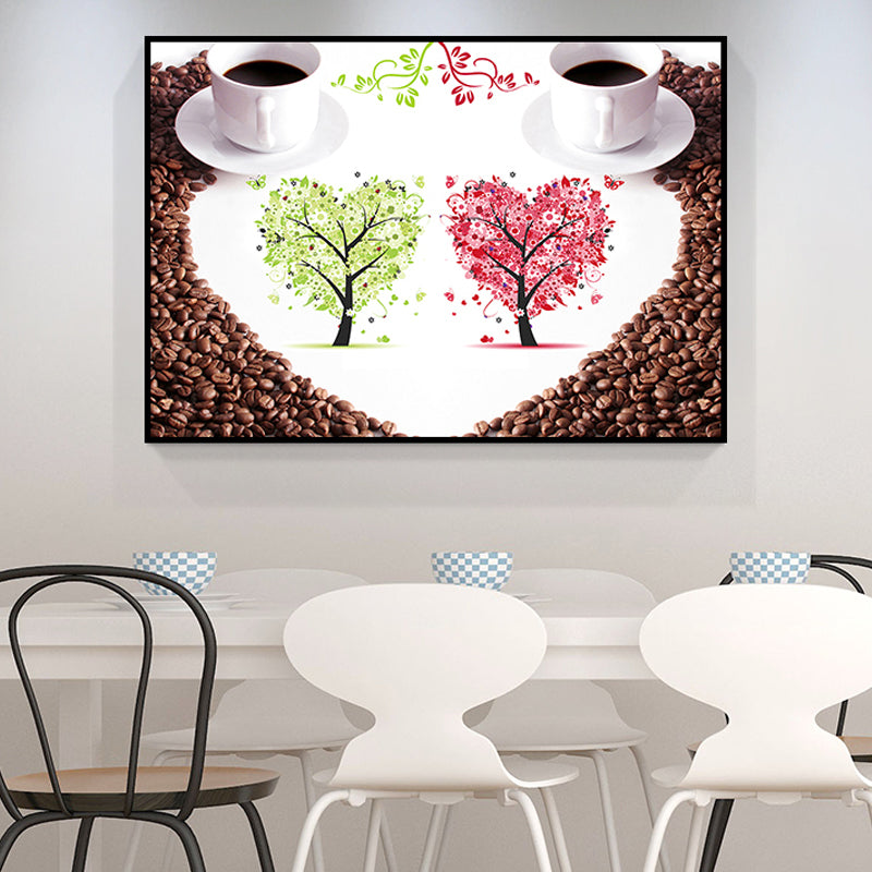 Coffee and Tree Print Canvas Modern Textured Wall Art in Red for Dining Room