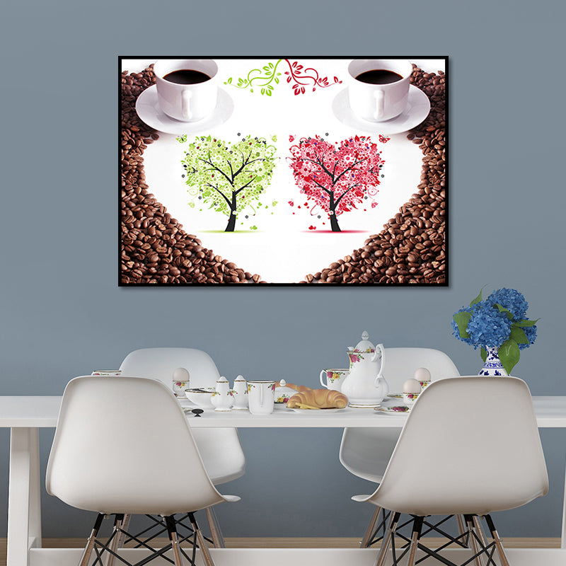 Coffee and Tree Print Canvas Modern Textured Wall Art in Red for Dining Room