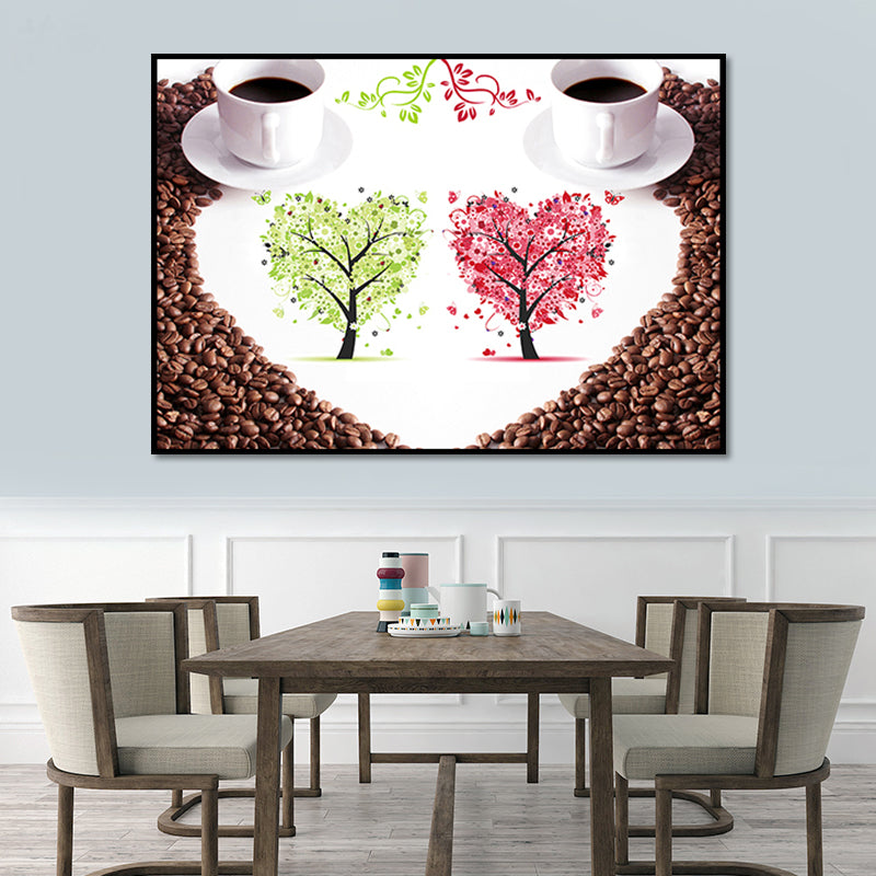 Coffee and Tree Print Canvas Modern Textured Wall Art in Red for Dining Room