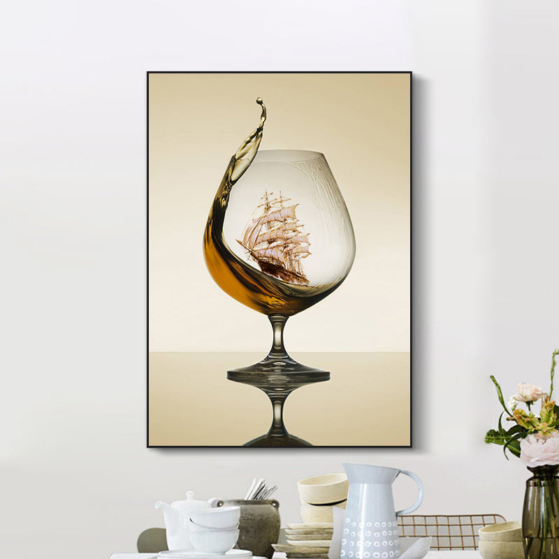 Modernism Canvas Wall Art in Brown Sailboat inside the Wine Glass Wall Decor for Kitchen