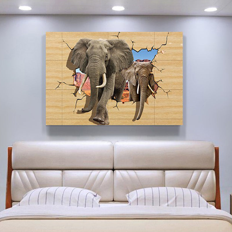 Mixed Media Modernist Canvas Wall Art with Elephant Breaking Through Barrier Pattern in Yellow