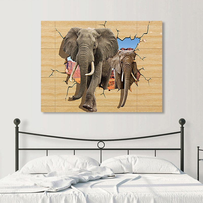 Mixed Media Modernist Canvas Wall Art with Elephant Breaking Through Barrier Pattern in Yellow