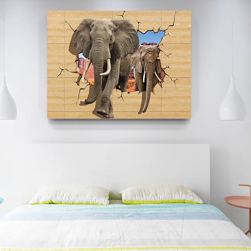 Mixed Media Modernist Canvas Wall Art with Elephant Breaking Through Barrier Pattern in Yellow