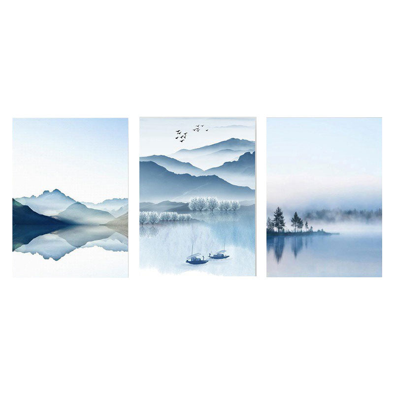 Mountain River Landscape Canvas Print in Blue Chinese Wall Art Set for Living Room