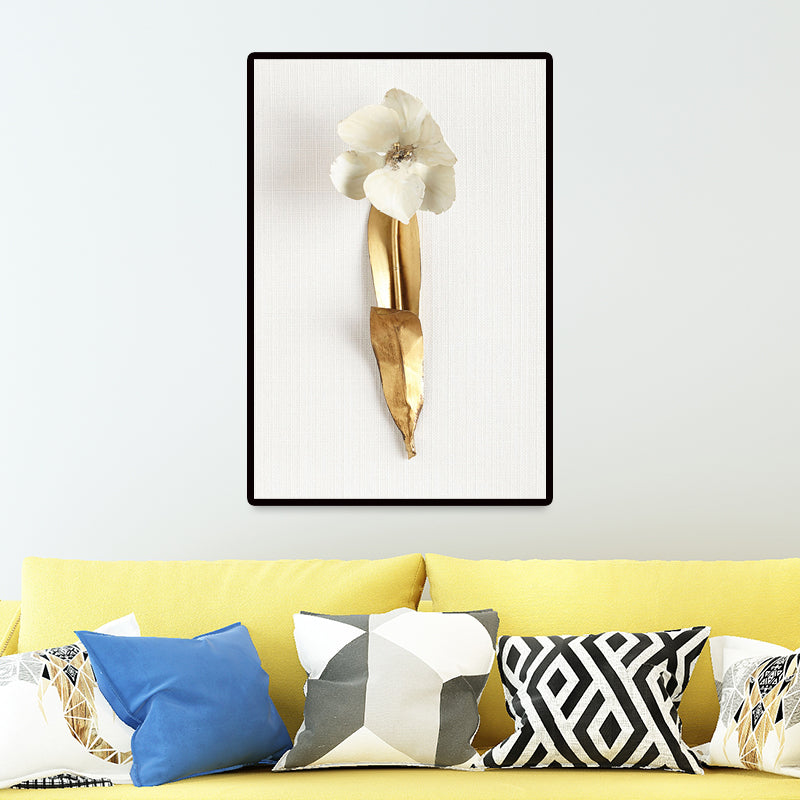 Photography Flower Bouquet Canvas Wall Art for Living Room, Gold and White, Texture