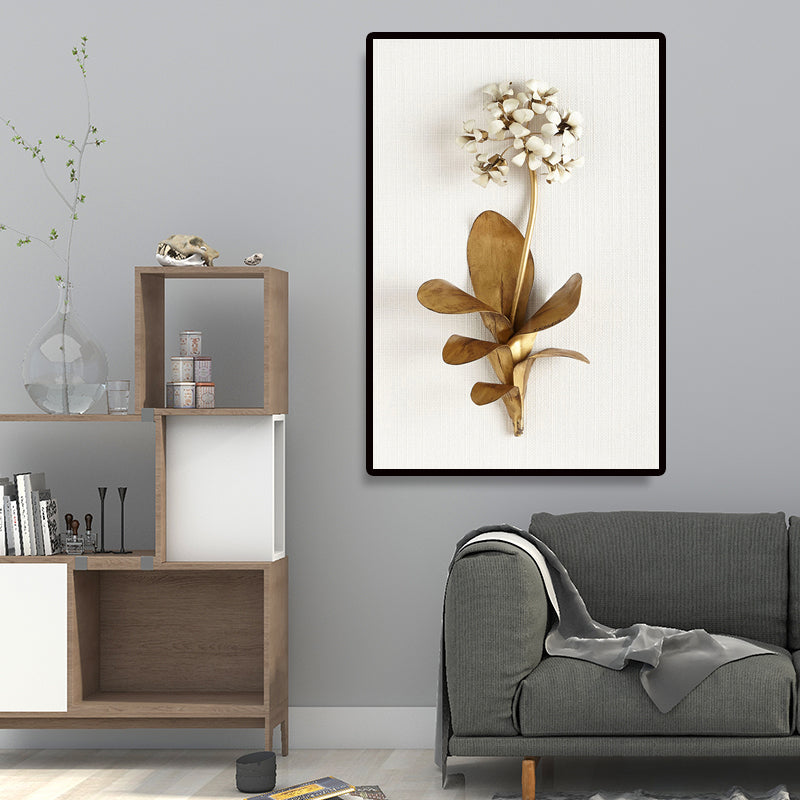 Photography Flower Bouquet Canvas Wall Art for Living Room, Gold and White, Texture