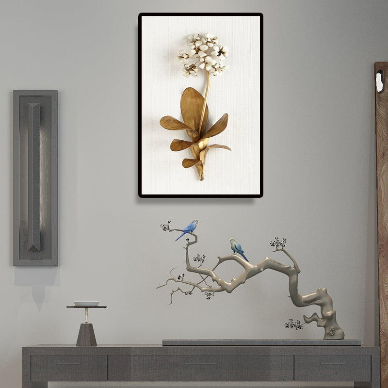 Photography Flower Bouquet Canvas Wall Art for Living Room, Gold and White, Texture