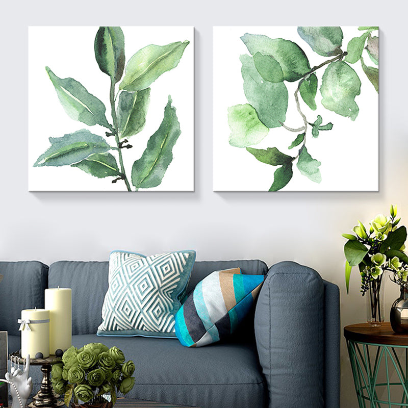 Farmhouse Wall Art Set in Green Leaf Branch Painting Canvas Print for Family Room