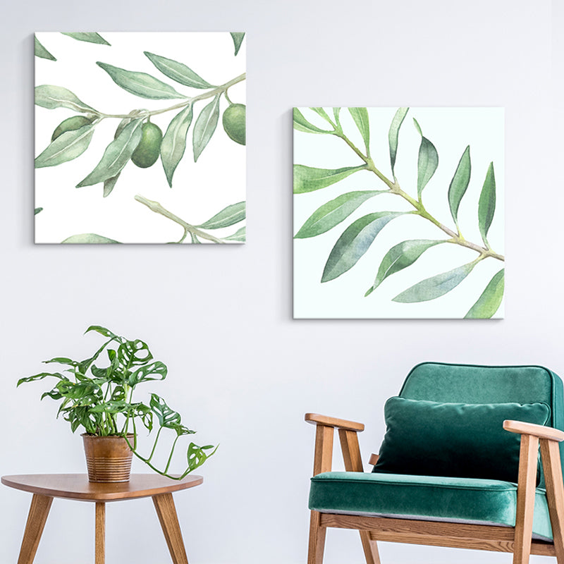 Farmhouse Wall Art Set in Green Leaf Branch Painting Canvas Print for Family Room