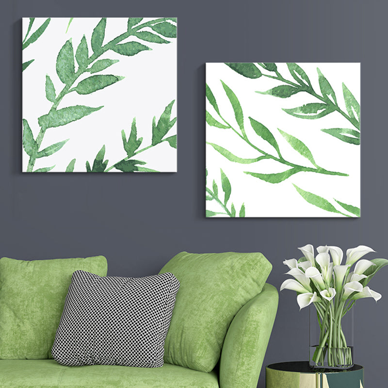 Farmhouse Wall Art Set in Green Leaf Branch Painting Canvas Print for Family Room