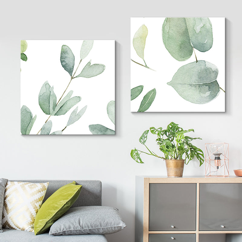 Farmhouse Wall Art Set in Green Leaf Branch Painting Canvas Print for Family Room