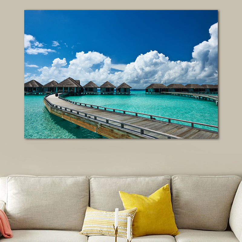 Pastel Color Modern Wall Art Wooden Bridge in Sea Scenery Canvas Print for Home