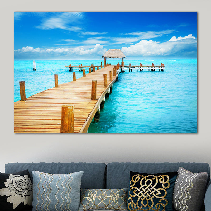 Pastel Color Modern Wall Art Wooden Bridge in Sea Scenery Canvas Print for Home