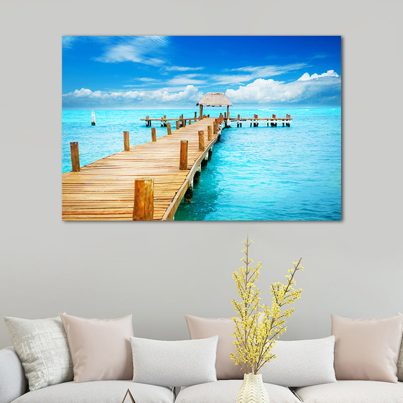 Pastel Color Modern Wall Art Wooden Bridge in Sea Scenery Canvas Print for Home