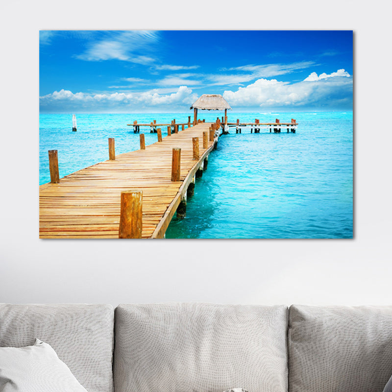 Pastel Color Modern Wall Art Wooden Bridge in Sea Scenery Canvas Print for Home