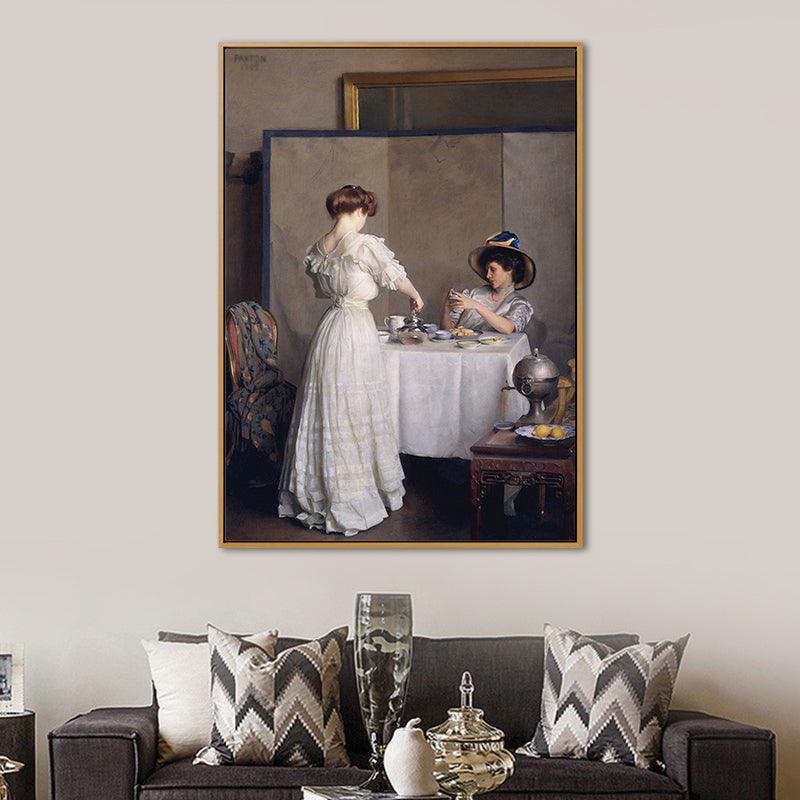 Classic Dinnertime Painting Canvas Print White Textured Wall Art for House Interior