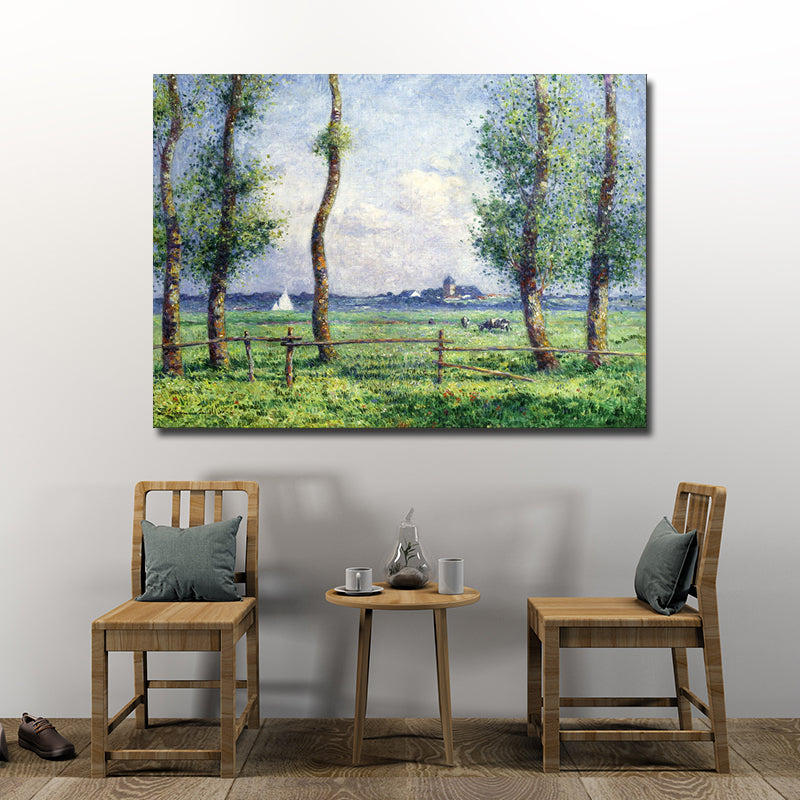 Farmhouse Meadow Painting Canvas Print House Interior Wall Decor in Green and Blue