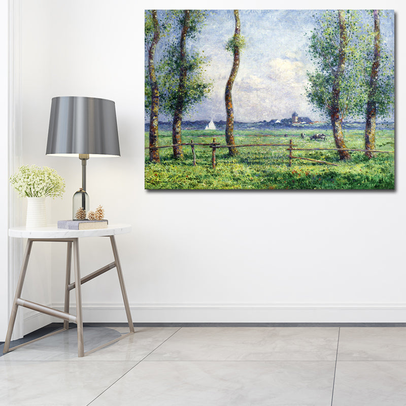 Farmhouse Meadow Painting Canvas Print House Interior Wall Decor in Green and Blue