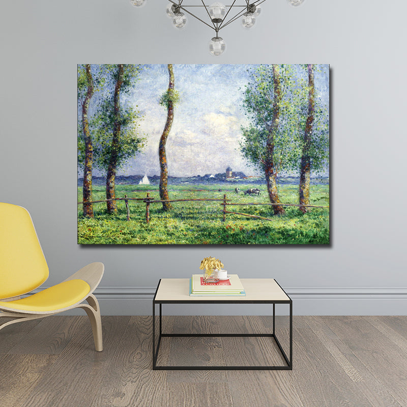 Farmhouse Meadow Painting Canvas Print House Interior Wall Decor in Green and Blue