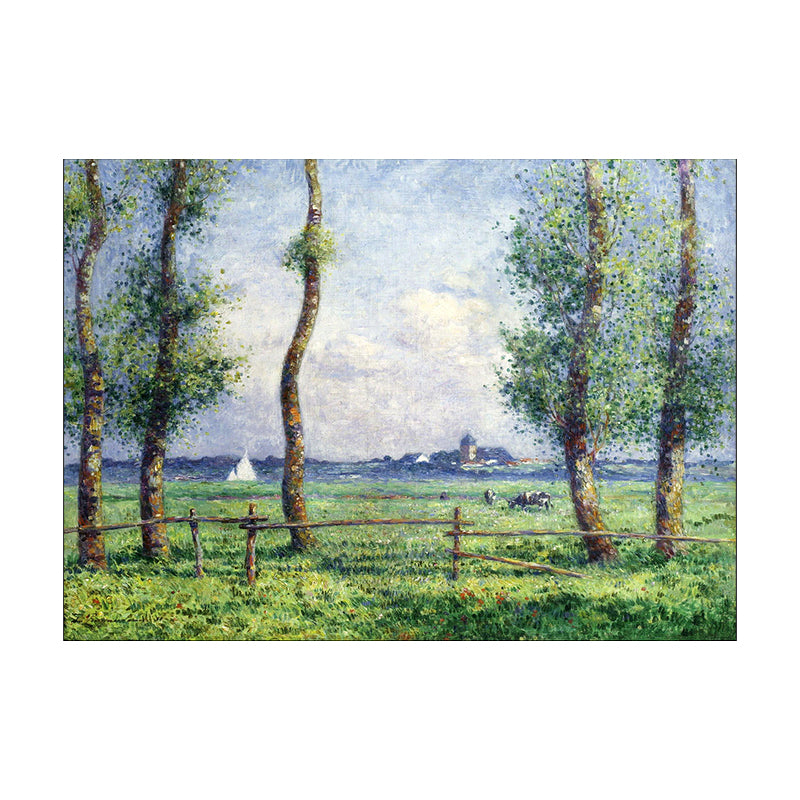 Farmhouse Meadow Painting Canvas Print House Interior Wall Decor in Green and Blue