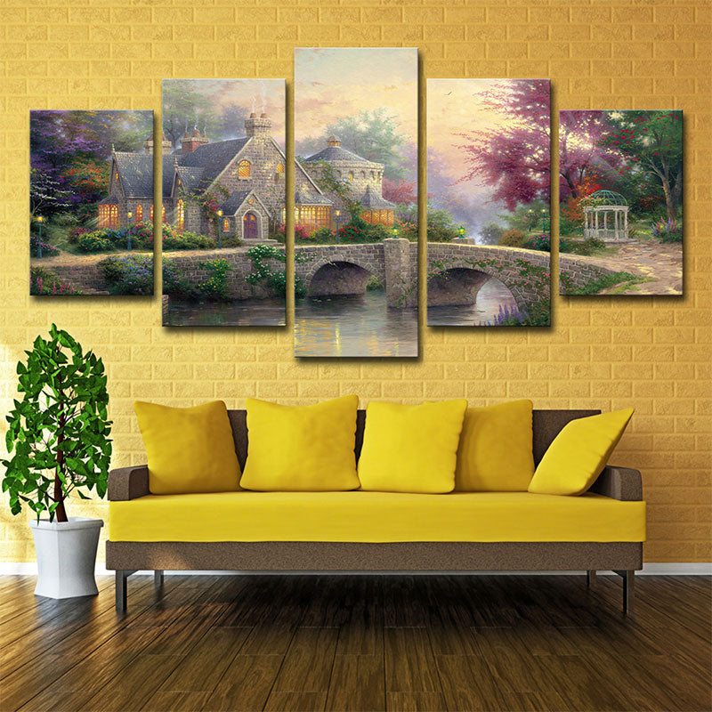 Fantasy Forest House Scenery Art Print Brown Multi-Piece Wall Decor for Living Room