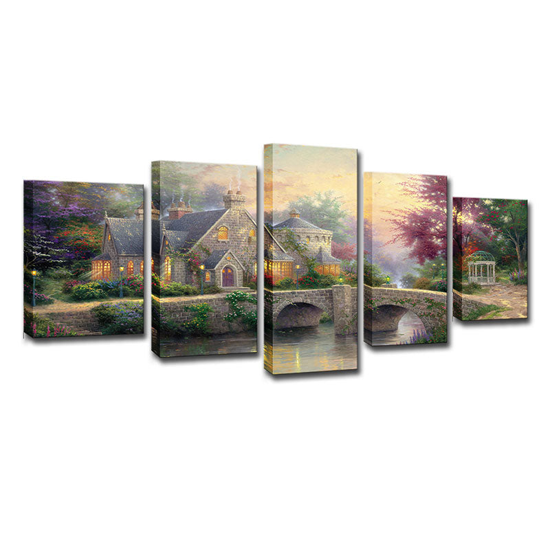 Fantasy Forest House Scenery Art Print Brown Multi-Piece Wall Decor for Living Room