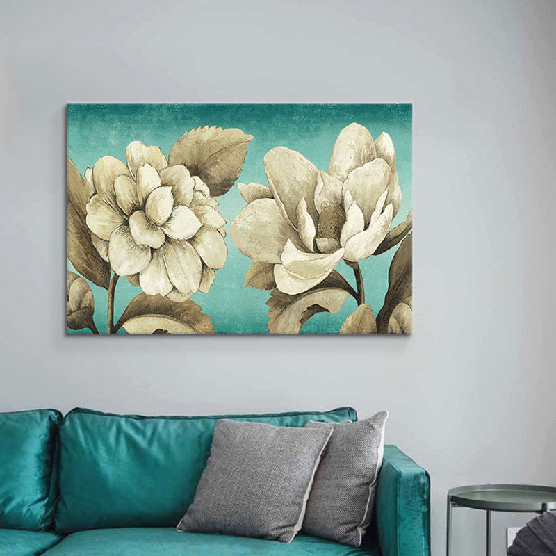 Textured Flowers Painting Art Print Traditional Canvas Wall Decor in White for Room