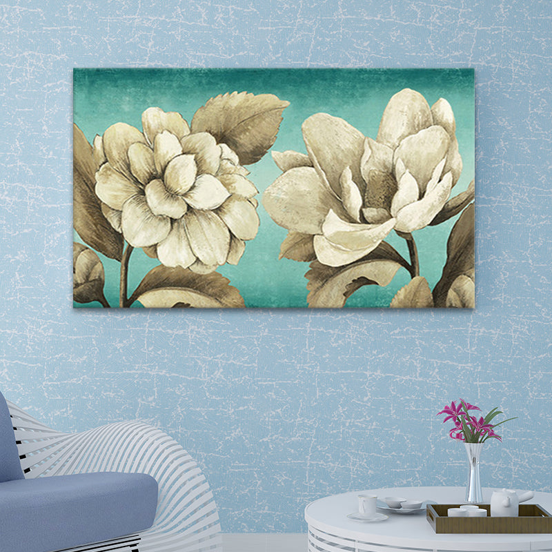 Textured Flowers Painting Art Print Traditional Canvas Wall Decor in White for Room