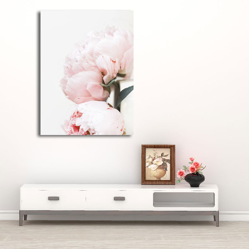 Pink Blossoming Peony Wall Art Flower Nordic Textured Canvas Print for Girls Bedroom