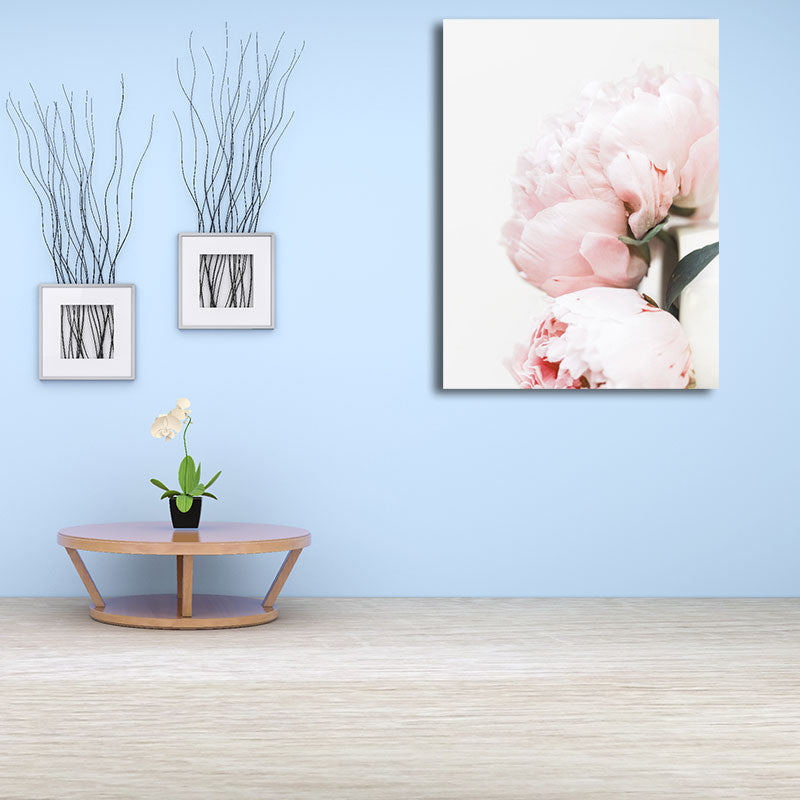 Pink Blossoming Peony Wall Art Flower Nordic Textured Canvas Print for Girls Bedroom