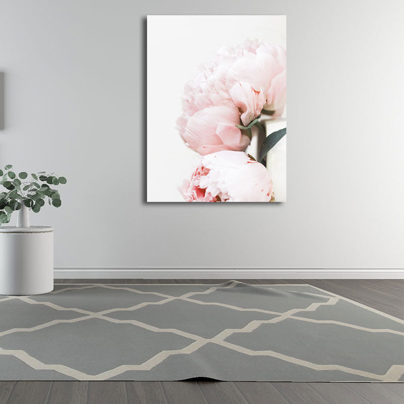 Pink Blossoming Peony Wall Art Flower Nordic Textured Canvas Print for Girls Bedroom