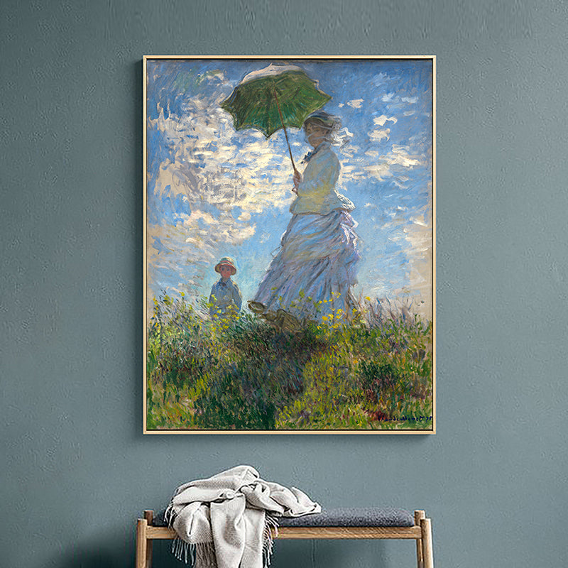 Monet Painting Canvas Print for Home Woman with A Parasol Wall Art in Blue, Texture