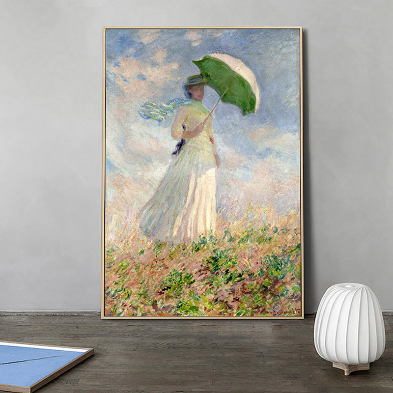 Monet Painting Canvas Print for Home Woman with A Parasol Wall Art in Blue, Texture