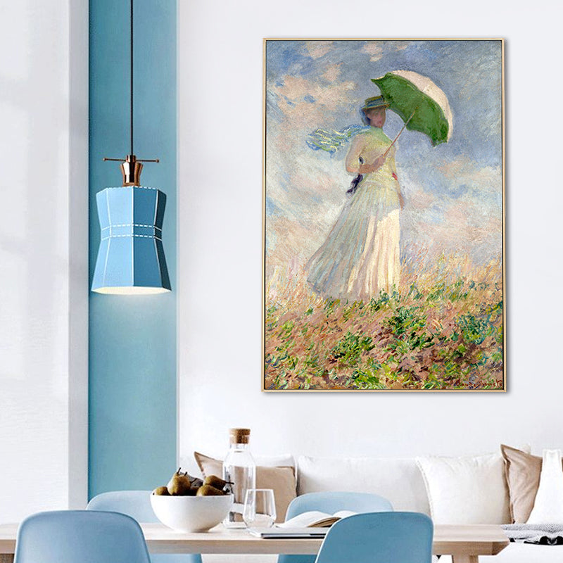 Monet Painting Canvas Print for Home Woman with A Parasol Wall Art in Blue, Texture